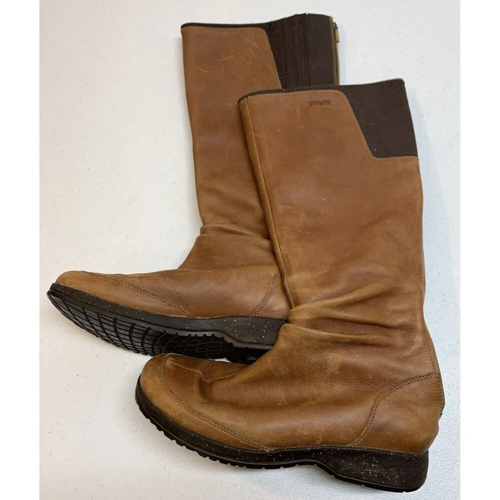 Teva Women's Afton Boot 9.5 Tall Cognac Brown Leather Outdoor Riding Bootie